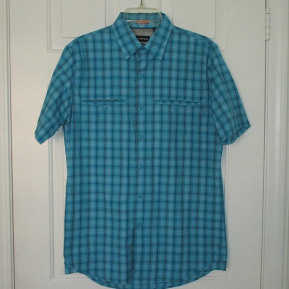 Van Heusen Traveler Mens S/S Aqua Blue Plaid Casual Shirt - Size Small - Picture 2 of 2